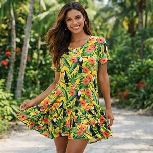 Pink Pineapple 100% Rayon Tropical Floral Toucan Print Dress Ruffle Hem Summer